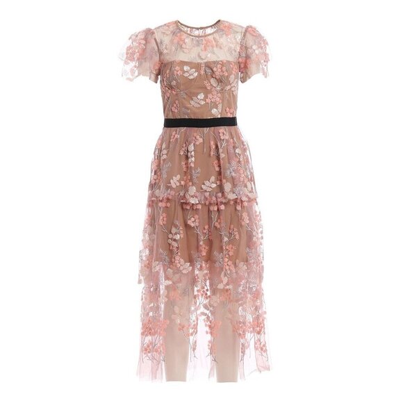 Self-Portrait Lace And Sequin Floral Midi Dress Size US 4 Pink $550 - Picture 15 of 16